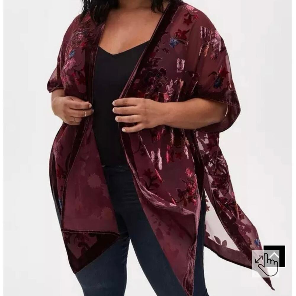 Torrid burnout velvet floral kimono burgundy open front boho romantic 1X 2X